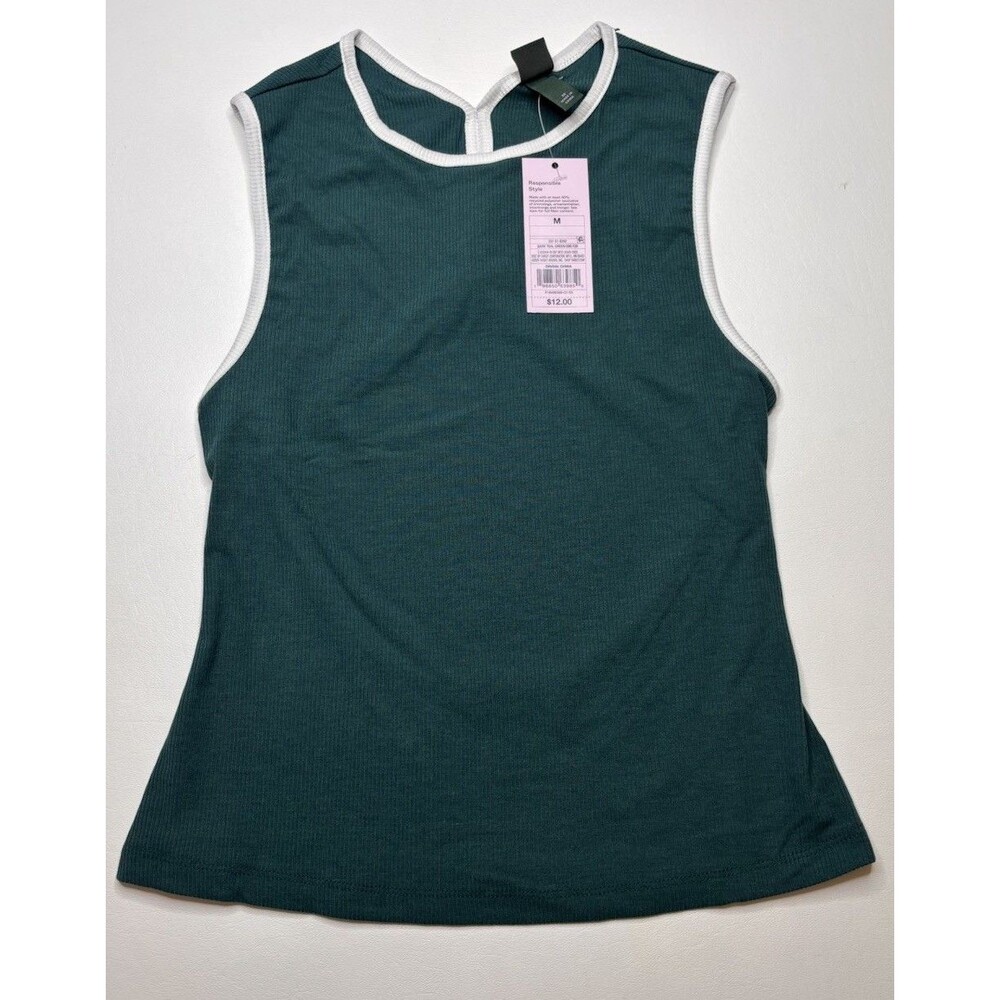Women’s Wild Fable Racerback Ribbed Tank Top Dark Teal/White Trim Size M